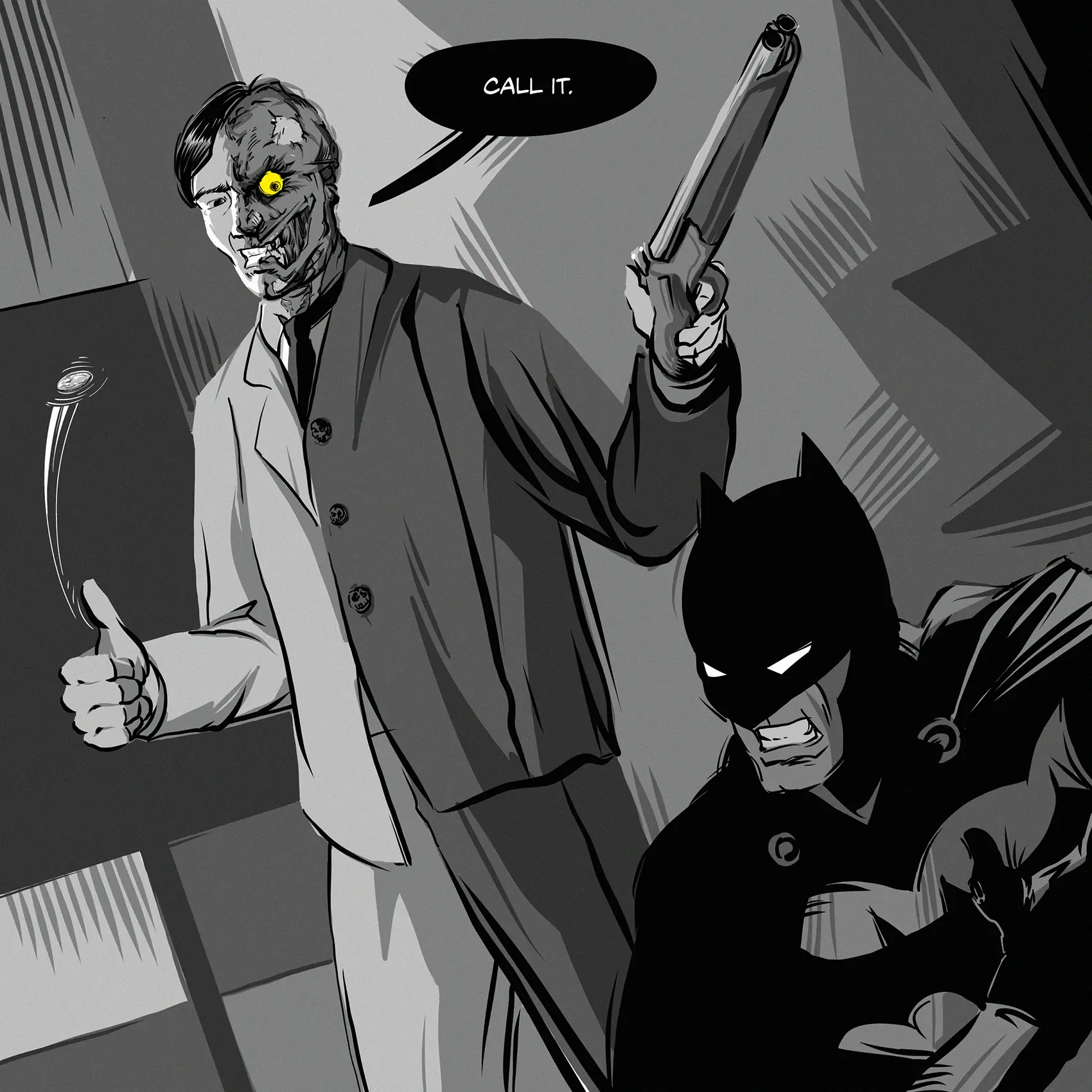 Two-Face threatens a wounded Batman.
