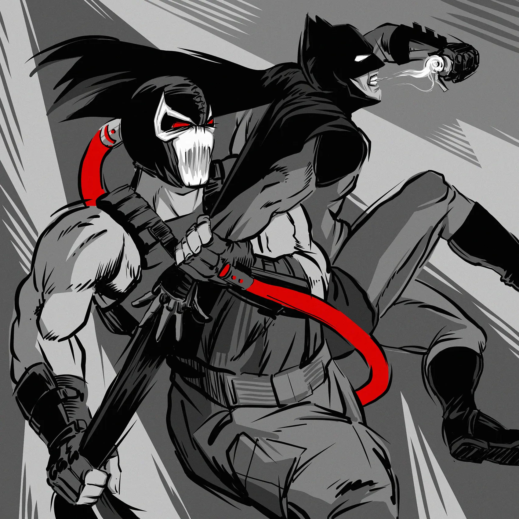 Bane goes for the arm, Batman goes for the grenade.