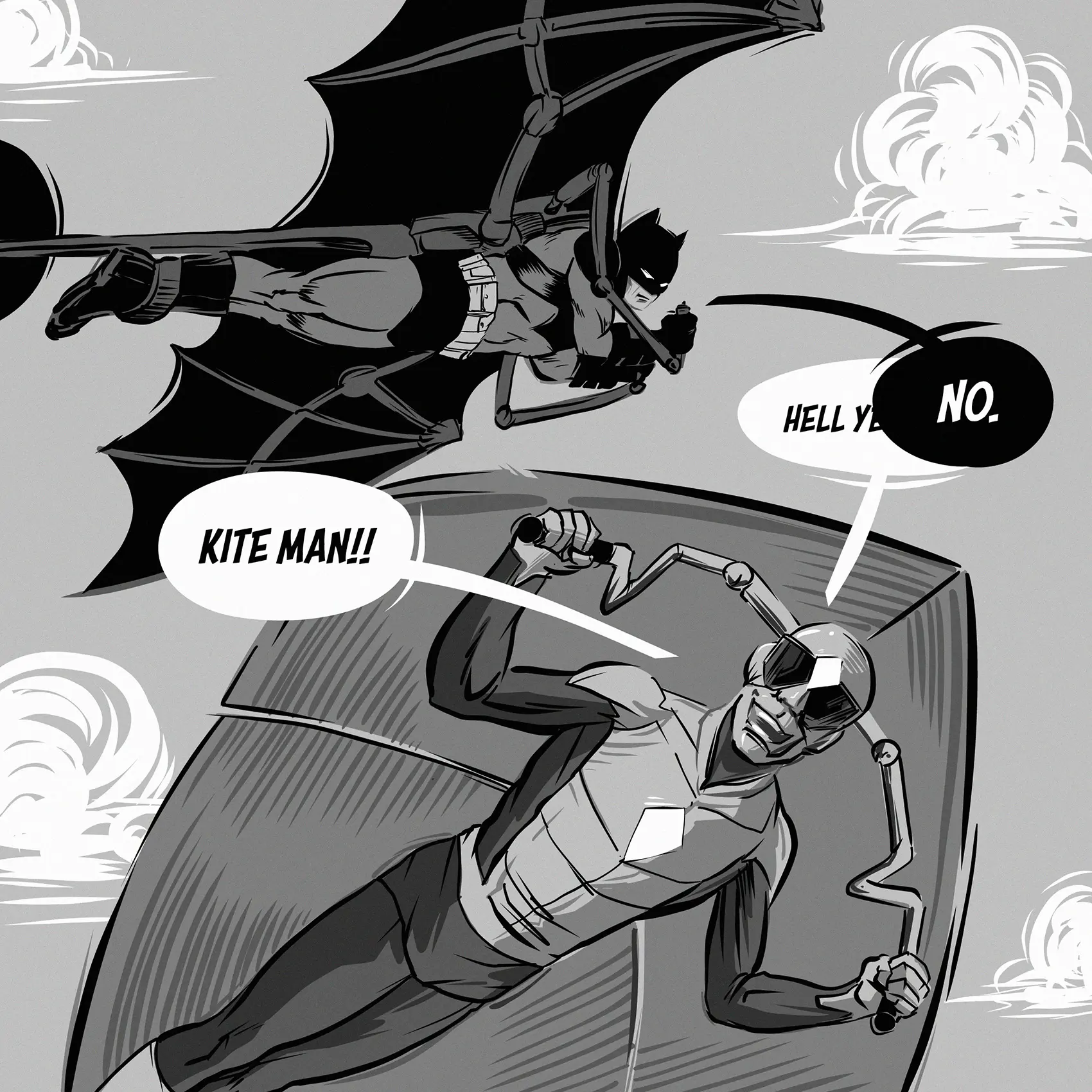 Batman rains on Kite Man’s parade. 