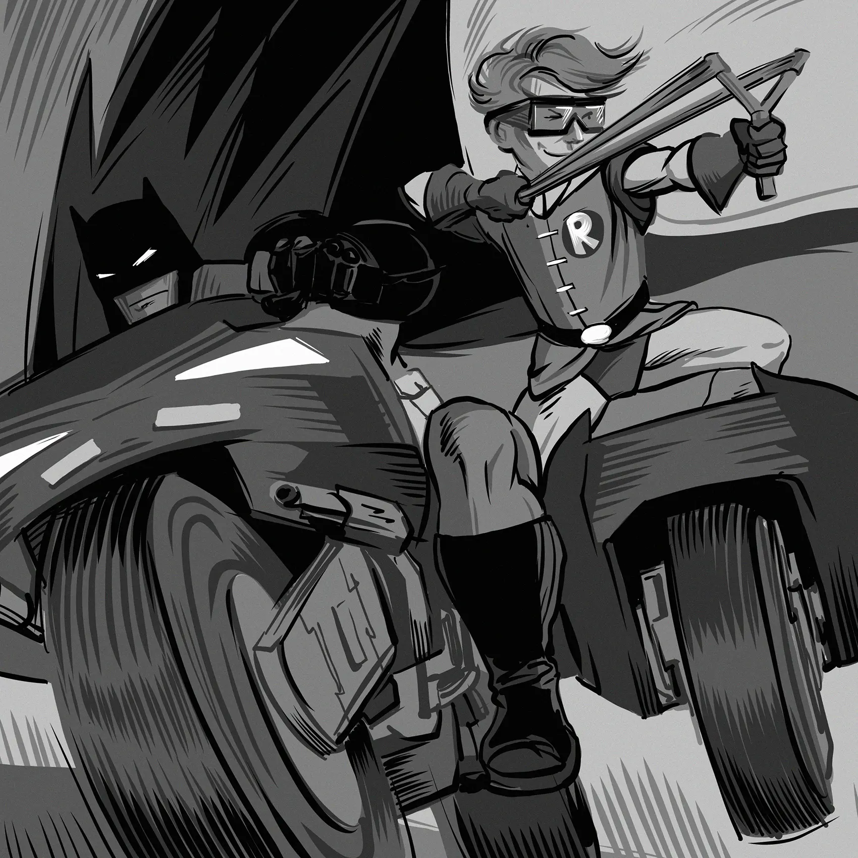 Batman and Carrie Kelley on the Batcycle