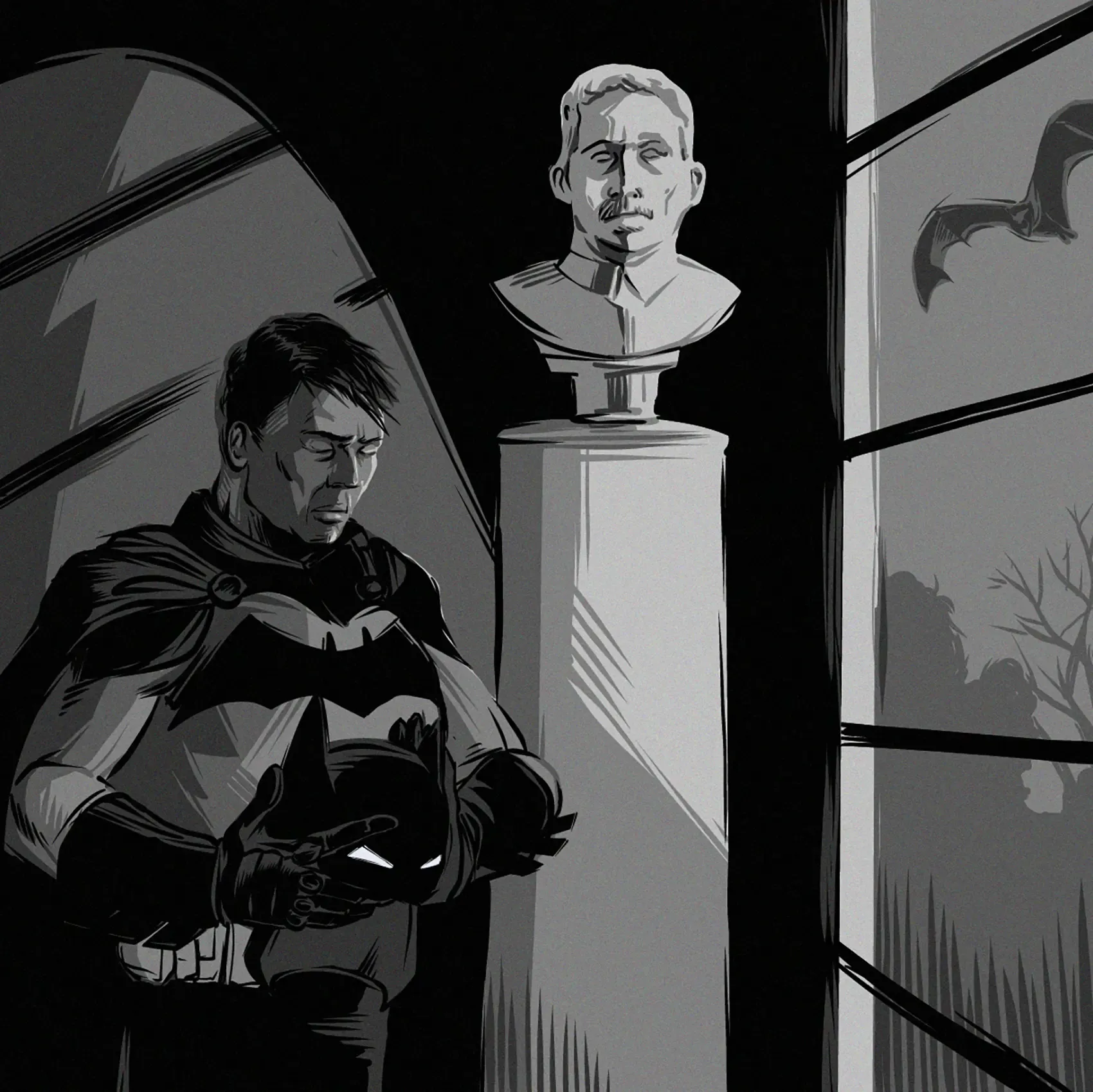 Bruce Wayne with a memorial bust of Thomas Wayne