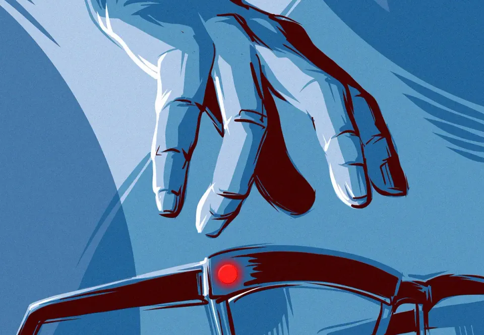 "Let Me Tell You a Story" featured image — detail of Johnny Joule reaching for his eyeglasses